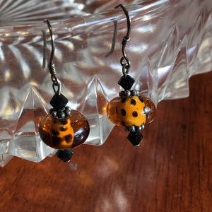 🛍 Orange Silver Cheetah Print Glass Earrings